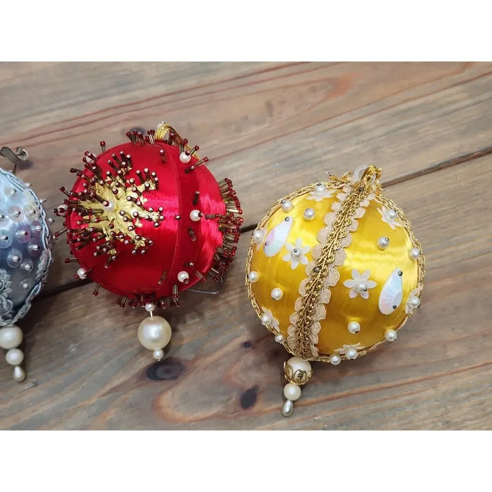 Vintage Hand Made Push Pin Beaded Christmas Ornament Decorations Lot Of 6